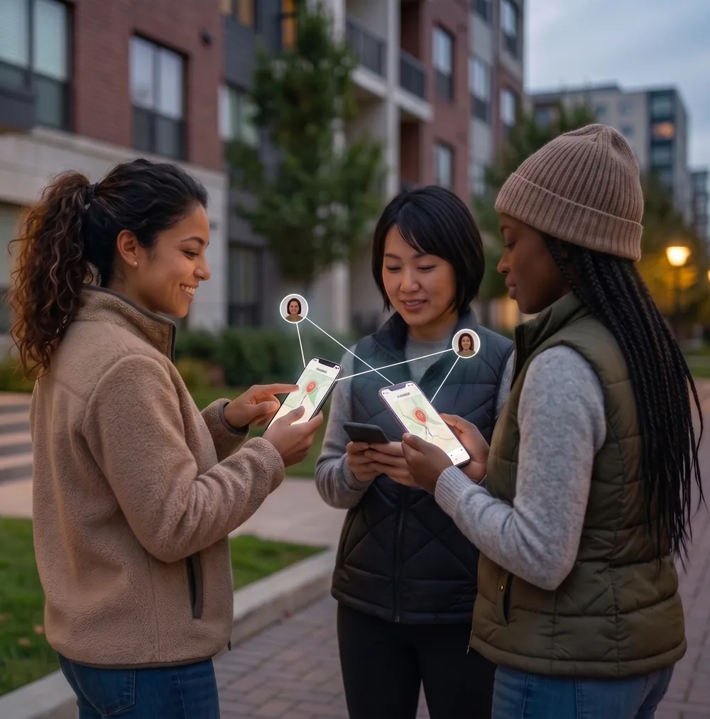 Three women on a city street at dusk, connected through the Luraea app on their phones